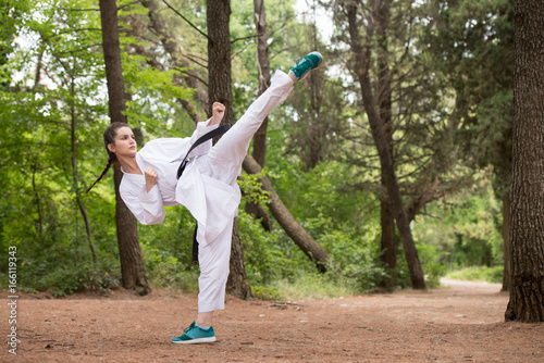 Taekwondo Fighter Expert With Fight Stance at Park