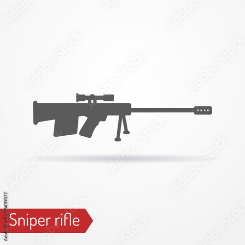 Abstract isolated sniper rifle icon in silhouette style with shadow. Typical army sharpshooter or hunter weapon. Military vector stock image.