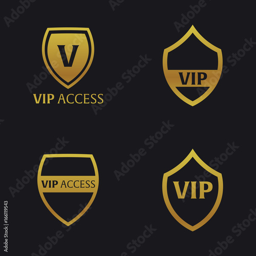 Set of Vip emblems with shield. Luxury Vector illustration.