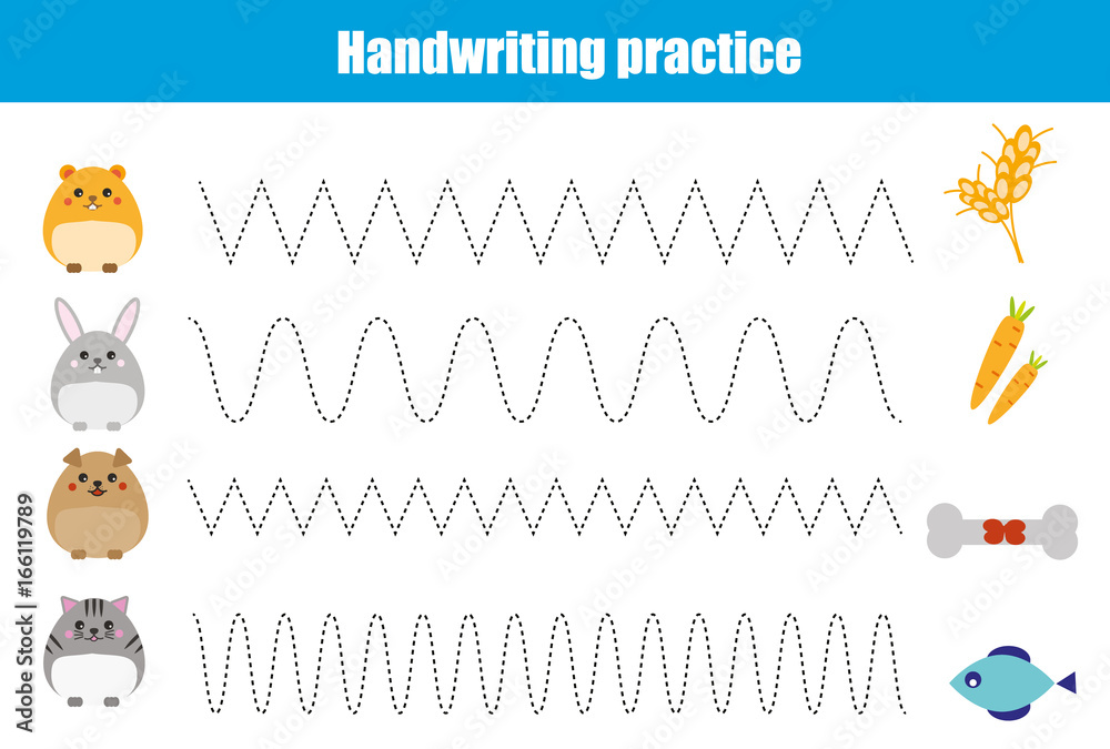 Handwriting practice sheet. Educational children game, printable
