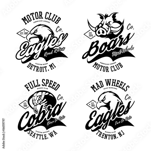 Vintage American furious eagle  boar and cobra bikers club tee print vector design set.