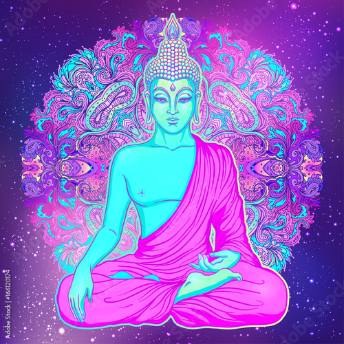 Sitting Buddha over sacred geometry background. Vector illustration. Psychedelic neon composition. Indian, Buddhism, Spiritual Tattoo, yoga, spirituality.