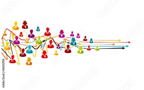 Business process solving, teamwork concept with colorful avatar icons over tangled lines with arrows pointing right