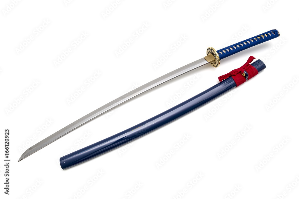 Blue Japanese sword and scabbard on white background Blue Japanese sword and scabbard on white background