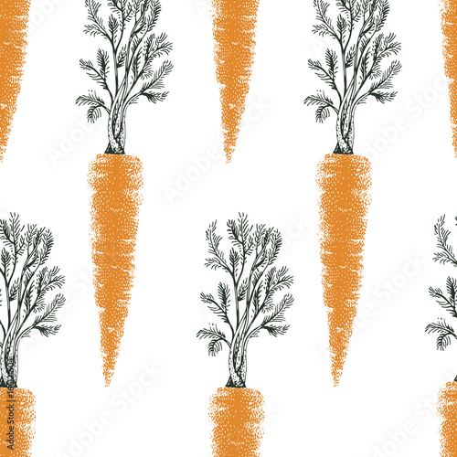 Carrot hand drawn vector seamless pattern. Retro Vegetable engraved style object. Can be use for menu, label, farm market