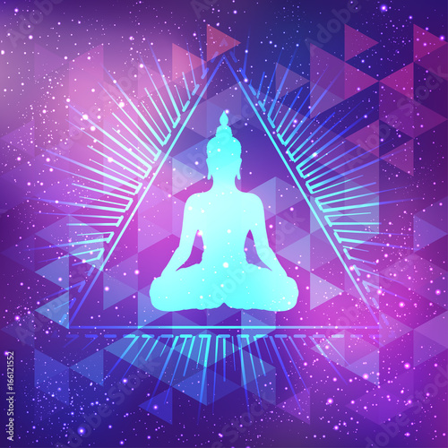 Sitting Buddha over sacred geometry background. Vector illustration. Psychedelic neon composition. Indian, Buddhism, Spiritual Tattoo, yoga, spirituality.