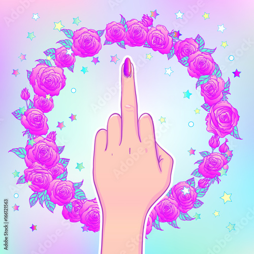 Female hand showing middle finger. Feminism concept, vector illustration in pink pastel goth colors over star and roses flowers.