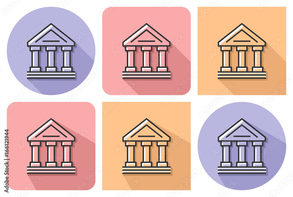 Outlined icon of bank building (ancient style building) with parallel and not parallel long shadows Outlined icon of bank building (ancient style building) with parallel and not parallel long shadows