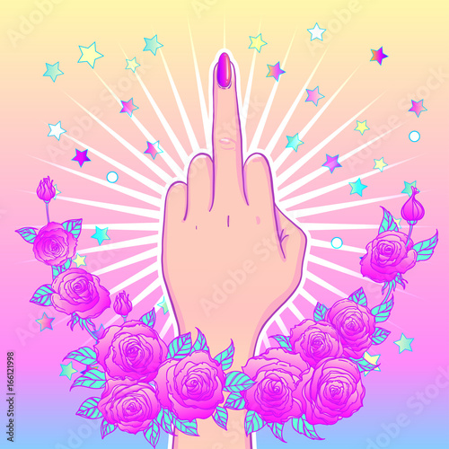 Female hand showing middle finger. Feminism concept, vector illustration in pink pastel goth colors over star and roses flowers.