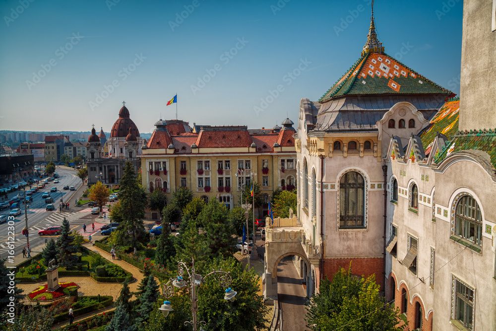 Wide shot of the Culture Palace and downtown of Targu Mures, Romania 