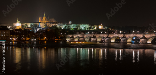 Panoramic night shot of the Prague Castle, Vltava River and the Old Town District (Mala Strana), Czech Republic, Czechia