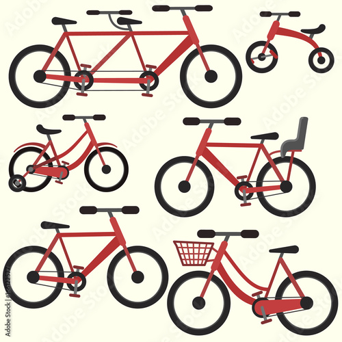Flat colorful red vector bicycle set including tandem, bike with basket and baby seat, city cycle icon