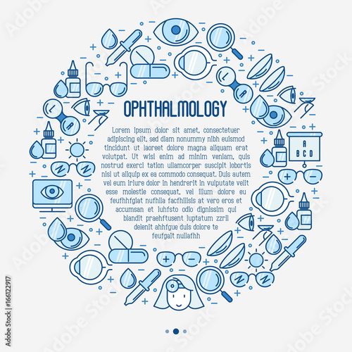 Ophthalmology concept in circle with vision care thin line icons. Vector illustration for banner, web page, print media.