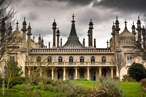 Panoramic shot of the Royal Pavilion in Brighton, England, UK against a dramatic sky