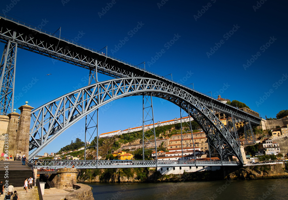 A wide angle shot of the Ponte Dom Luis I bridge in Porto - Oporto- Portugal