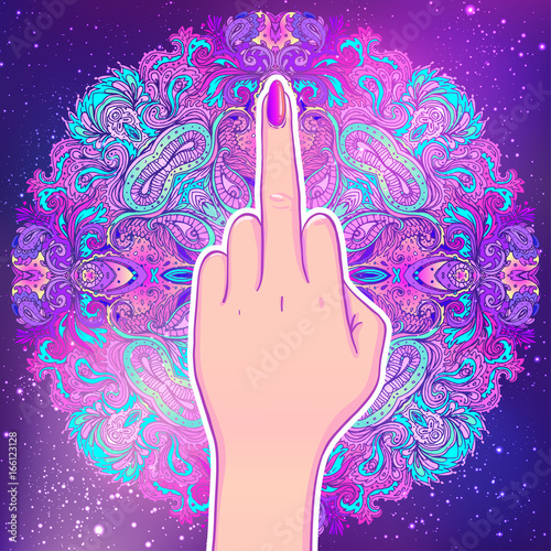 Female hand showing middle finger over mandala, beautiful vintage round pattern. Vector illustration. Psychedelic neon composition. Indian.