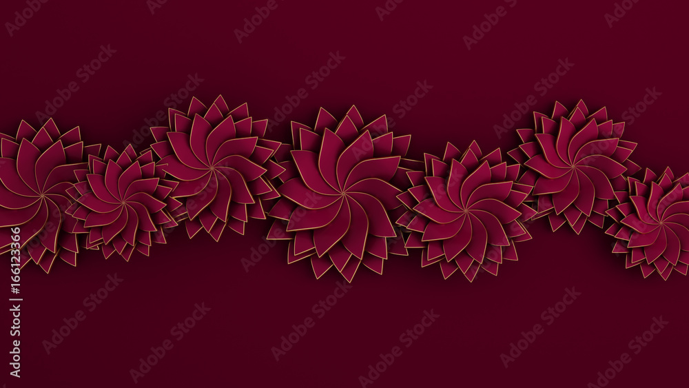 Beautiful, elegant paper flower in the style of hand-made on a white wall. 3d illustration, 3d rendering.