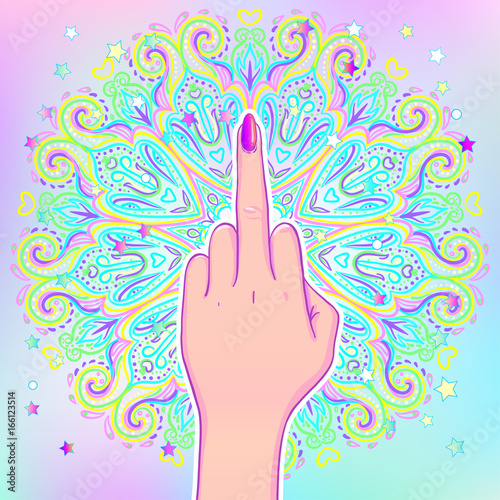 Female hand showing middle finger over mandala, beautiful vintage round pattern. Vector illustration. Psychedelic neon composition. Indian.