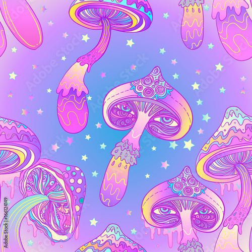 Magic mushrooms seamless pattern. Psychedelic hallucination. Vibrant vector illustration.