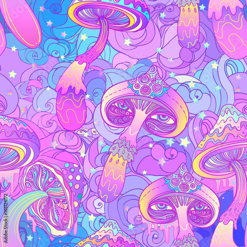 Plakat Wzór magiczne grzyby. Halucynacja psychodeliczna. Vibrant vector illustration.