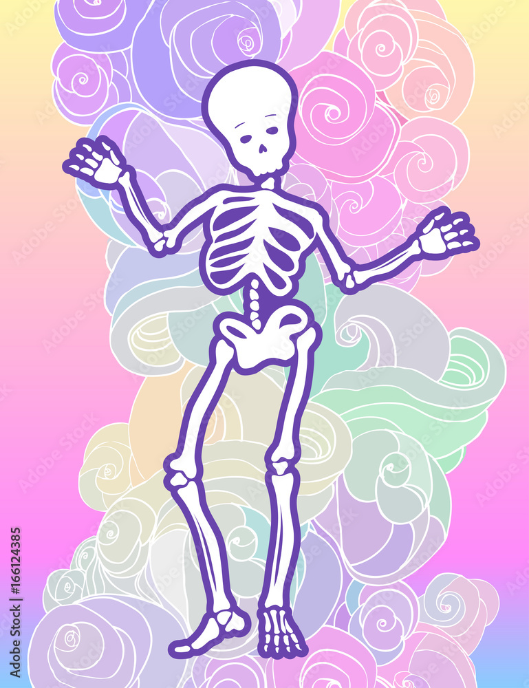 Kawaii funny spooky skeleton over cloud pattern. Halloween background. Cute gothic style in neon pastel colors. Retro goth style. Kawaii funny spooky skeleton over cloud pattern. Halloween background. Cute gothic style in neon pastel colors. Retro goth style.