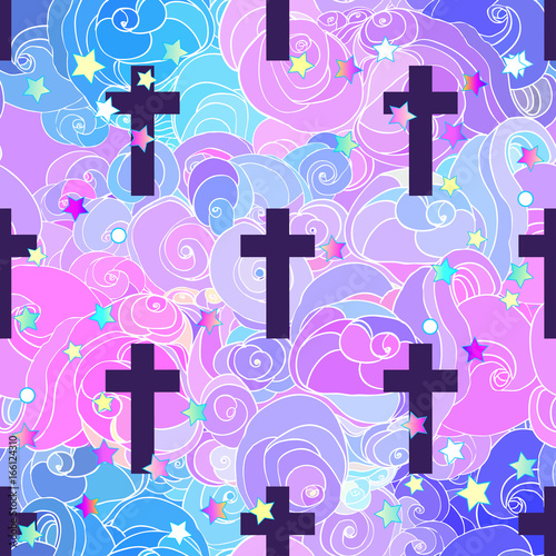 Vanilla cross.Spooky seamless pattern. Halloween wrapping paper background in neon pastel colors. Cute gothic style.