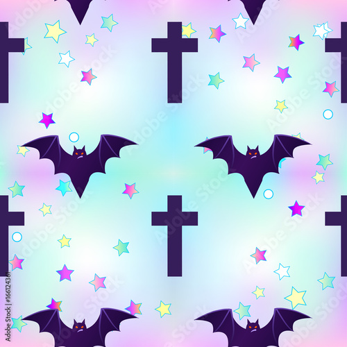 Kawaii funny spooky seamless pattern. Halloween wrapping paper background in neon pastel colors. Cute gothic style.
