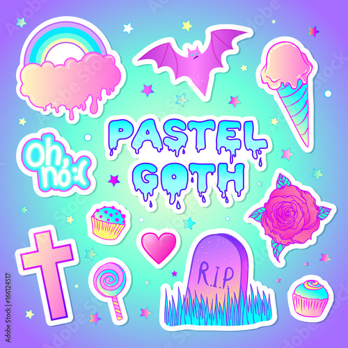 Colorful seamless pattern: candies, sweets, rainbow, ice cream, tombstone, cross, lollipop, cupcake, rose, bat. Vector illustration. Stickers, pins, patches. Halloween pastel colors.