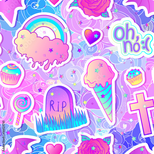 Colorful seamless pattern: candies, sweets, rainbow, icecream, tombstone, cross, lollipop, cupcake, rose, bat. Vector illustration. Stickers, pins, patches. Halloween pastel colors.