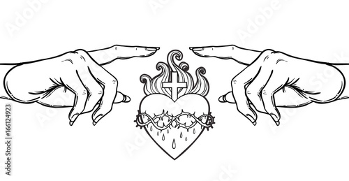 Female hand pointing on something with forefinger with sacred heart of Jesus. Hope faith and help, assistance and support symbol. Black and white vector illustration in vintage style