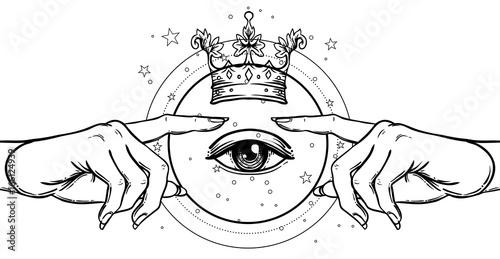 Female hand pointing on something with forefinger. with divine kings crown. H...
