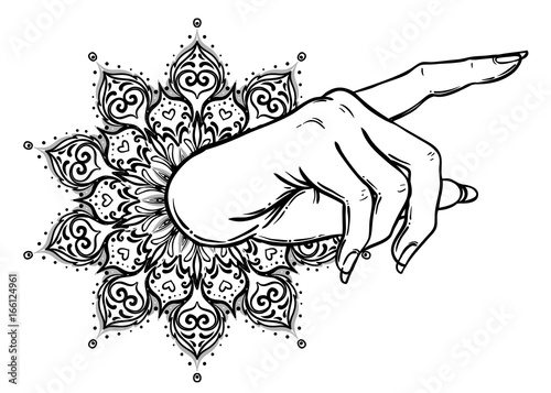 Female hand pointing on something with forefinger. Showing direction, selection, attention, caution, fingerprint, choice symbol. Black and white vector illustration