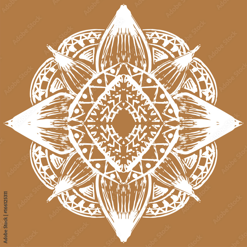 White ornament on brown background in bohemian style. Native American design element painted with grunge brushes