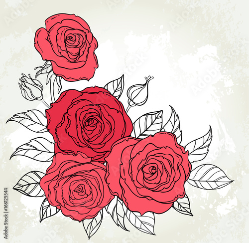 Beautiful roses bouquet drawing on beige grunge background. Hand drawn vector...