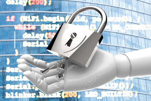 Cyber security network iot technology with artificial intelligence (ai) concept. Master keys on robot hand and code of networking virtual graphic and building background.