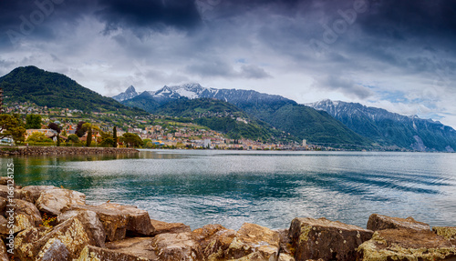 A panoramic shot of Lake Geneva and the city of Montreux during early spring