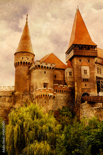 A painterly photo of the Hunedoara Castle, Transylvania, Romania