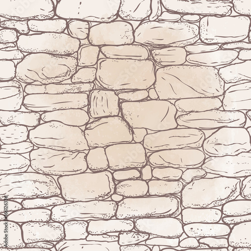 Vector hand-drawn texture of brick wall or sett (paving). Seamless pattern of paver. Urban style structured ornament in line art style. Pattern design for travel, city life.