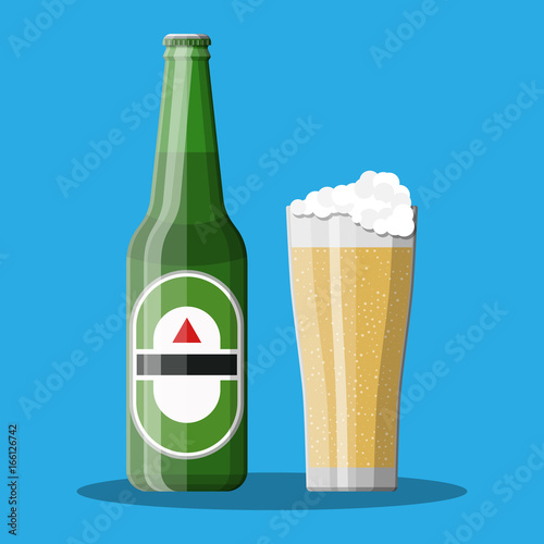 Bottle of beer with glass. Beer alcohol drink.