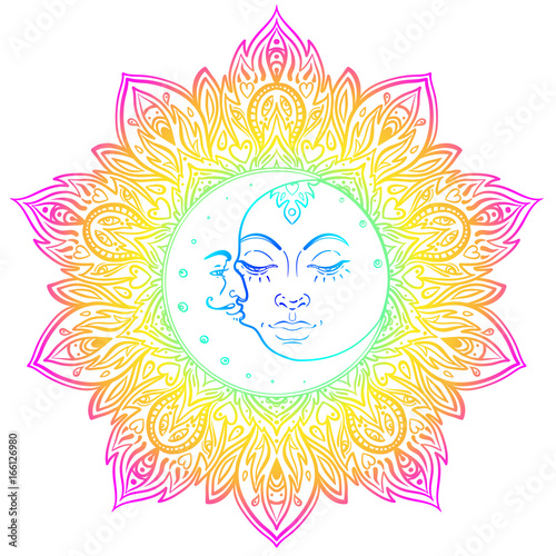 Sun Moon symbols as a face inside ornate colorful mandala. Round pattern. Vintage decorative vector illustration isolated on white.