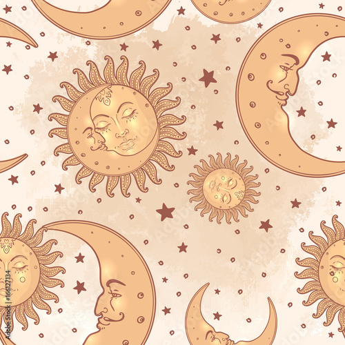 Sun and moon vector seamless pattern with stars. Vintage style. Wallpaper, wr...