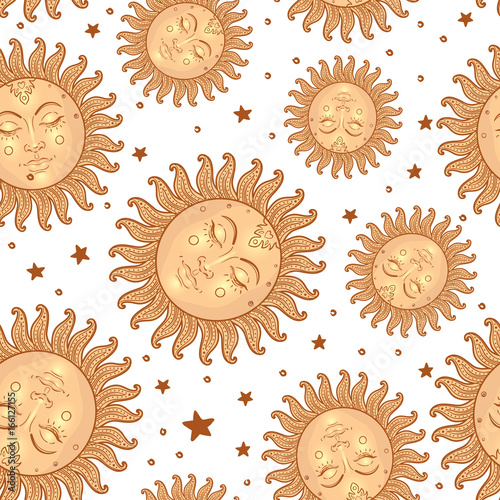 Sun and moon vector seamless pattern with stars. Vintage style. Wallpaper, wr...