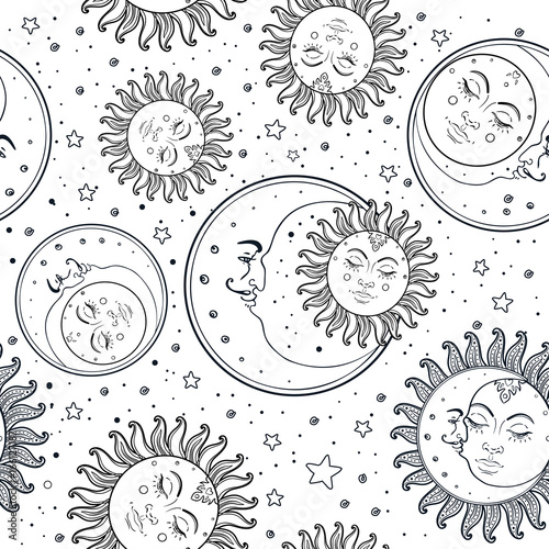 Sun and moon vector seamless pattern with stars. Vintage style. Wallpaper, wr...