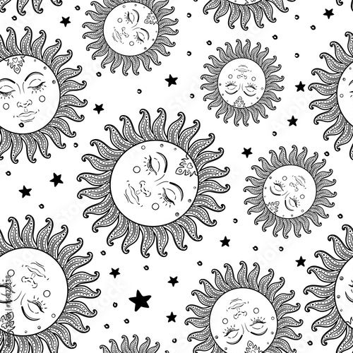 Sun and moon vector seamless pattern with stars. Vintage style. Wallpaper, wr...