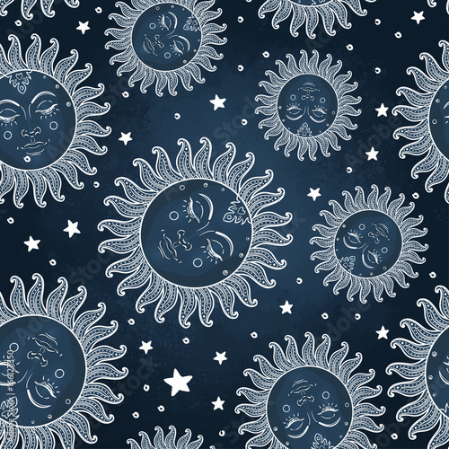 Sun and moon vector seamless pattern with stars. Vintage style. Wallpaper, wr...