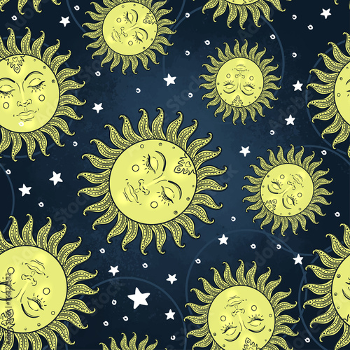 Sun and moon vector seamless pattern with stars. Vintage style. Wallpaper, wr...