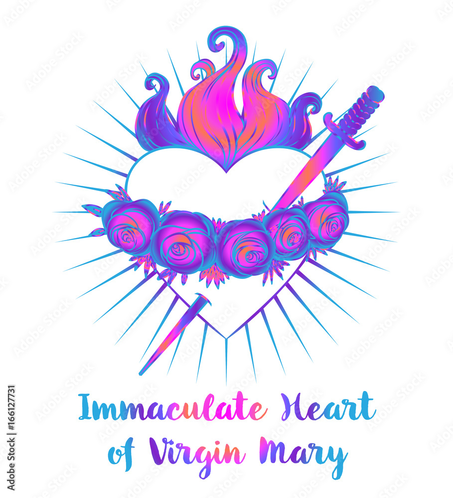 Immaculate Heart of Blessed Virgin Mary, Queen of Heaven. Vector bright colorful illustration white background. Vintage element. Religion, purity, sacrifice, spirituality, occultism.