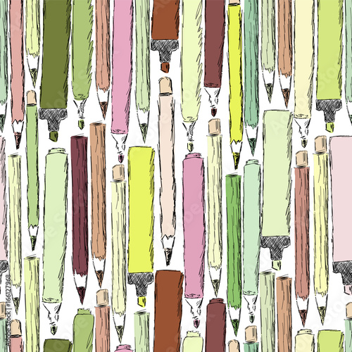 Seamless pattern with colorful pencils and markers on white background