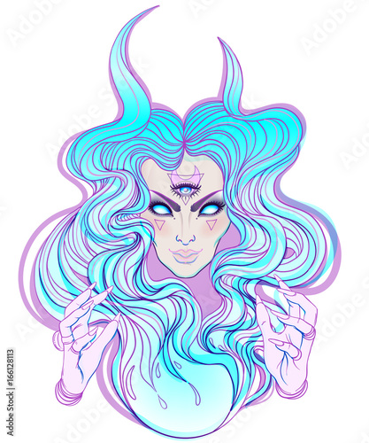 Young beautiful witch. Mystic character. Alchemy, religion, spirituality, occultism, tattoo art. Isolated vector illustration. Halloween concept.