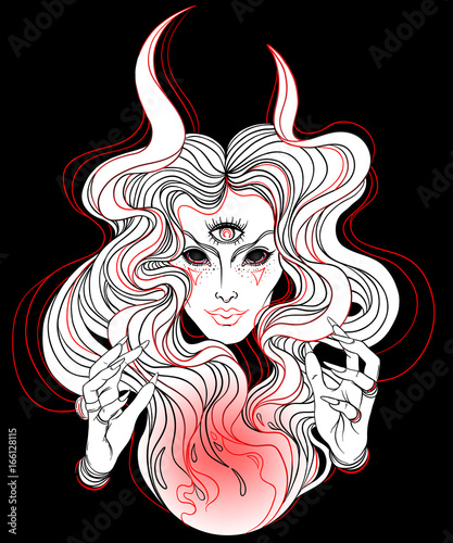 Young beautiful witch. Mystic character. Alchemy, religion, spirituality, occultism, tattoo art. Isolated vector illustration. Halloween concept. photo